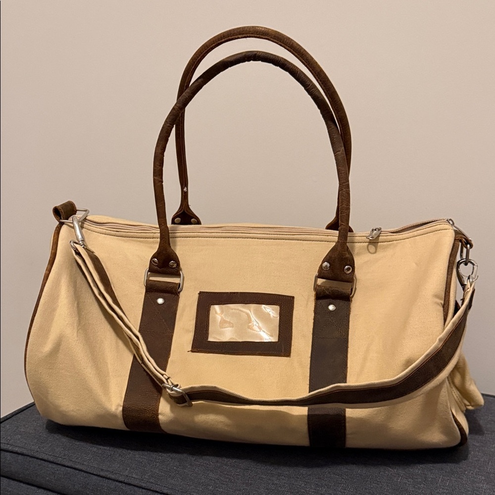Canvas Weekender Tote Bag with Brown Trim